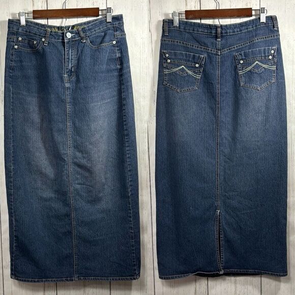 Vintage No Fuze Denim Maxi Skirt Western Turquoise Button Y2K Modest Boho Retro - Picture 1 of 16